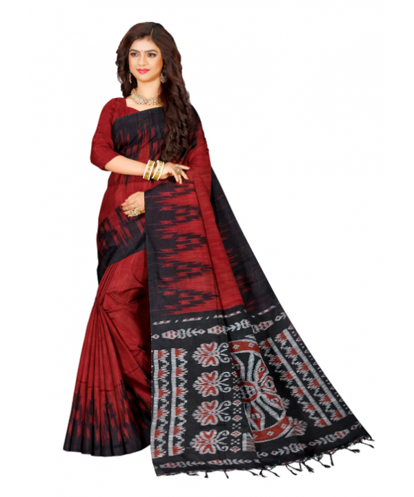 Red Cotton Printed Sambalpuri Kotki Saree With Unstitched Blouse Piece For Women