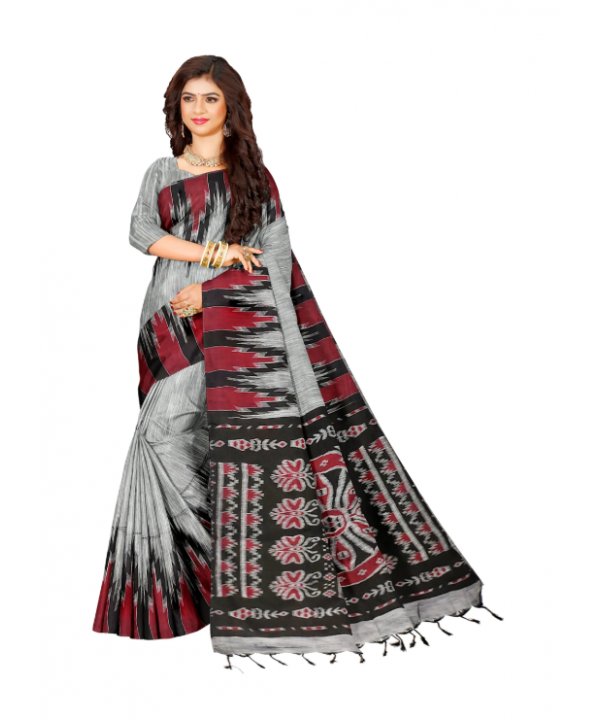 Grey Cotton Printed Sambalpuri Saree With Unstitched Blouse Piece For Women