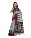 Grey Cotton Printed Sambalpuri Saree With Unstitched Blouse Piece For Women