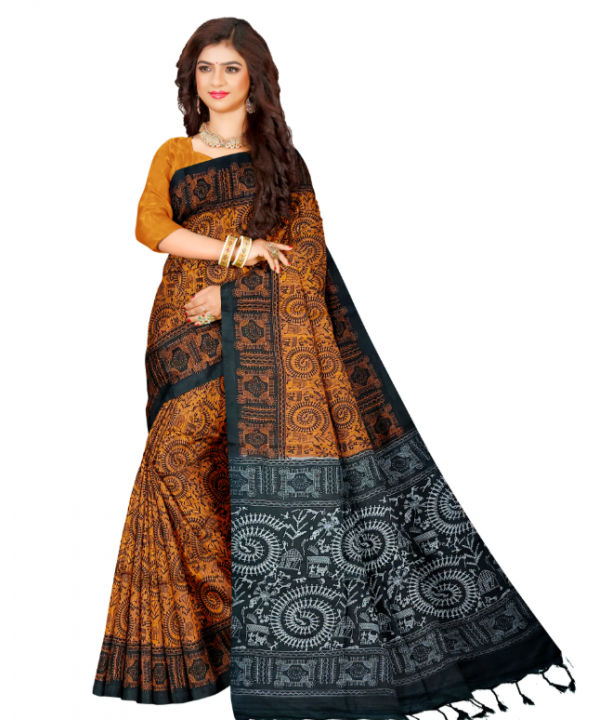 Orange Cotton Printed Madhubani Saree With Unstitched Blouse Piece For Women