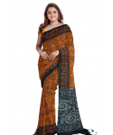 Orange Cotton Printed Madhubani Saree With Unstitched Blouse Piece For Women
