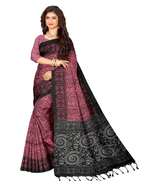Hot Pink Cotton Printed Madhubani Saree With Unstitched Blouse Piece For Women